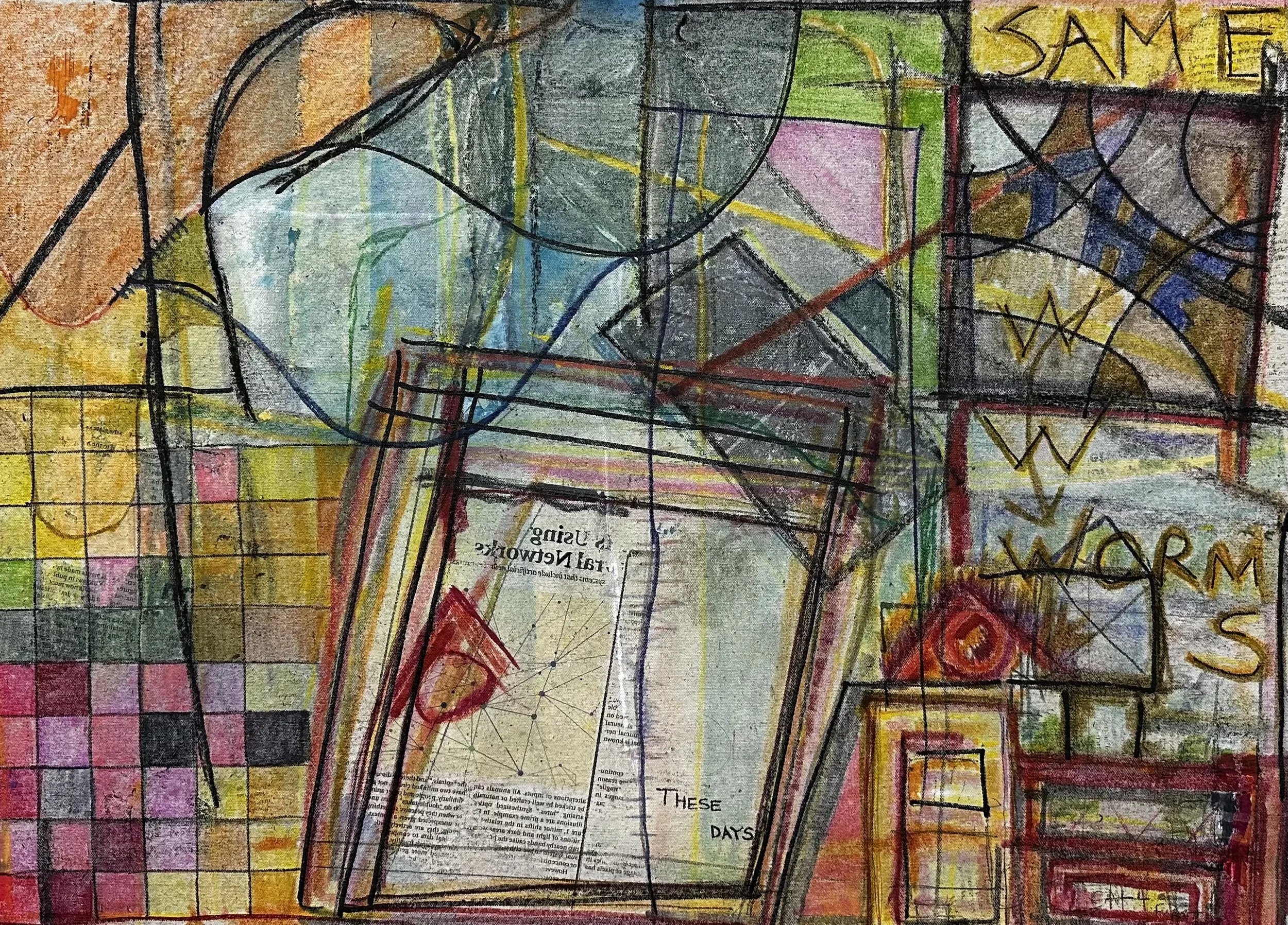 Same Worms - Collage, ink, and charcoal on canvas